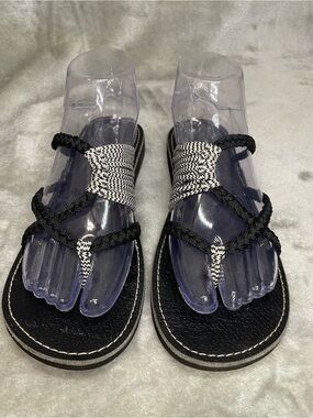Plaka Oceanside Flat Rope Sandals Black Zebra Size 8